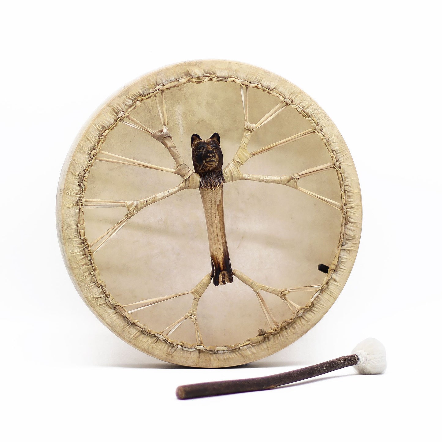 Handcrafted 40cm circular shamanic frame drum made from acacia wood and goatskin with a matching wooden drum stick.