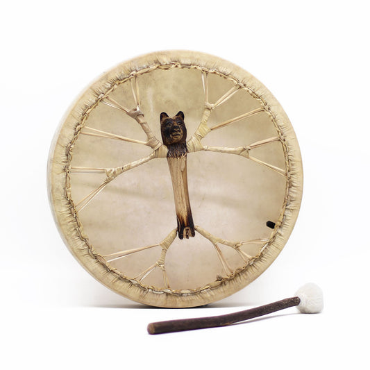 Handcrafted 40cm circular shamanic frame drum made from acacia wood and goatskin with a matching wooden drum stick.