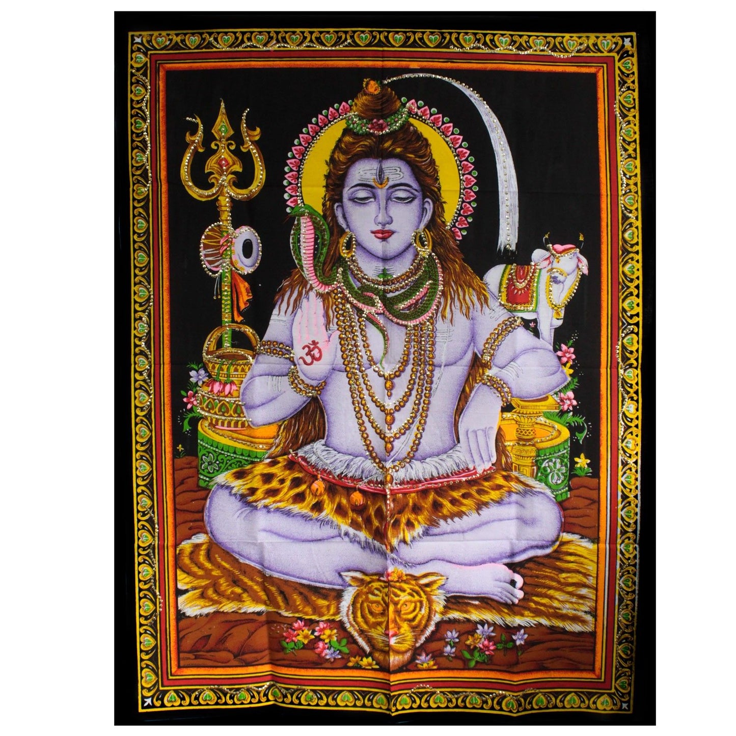 Detailed Indian wall art depicting Lord Shiva in a peaceful sitting meditative pose with traditional spiritual symbols.