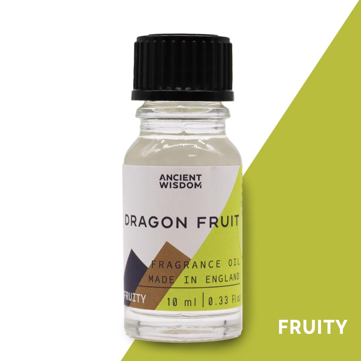 Small 10ml amber glass bottle of dragon fruit fragrance oil with a black dropper cap on a neutral background.
