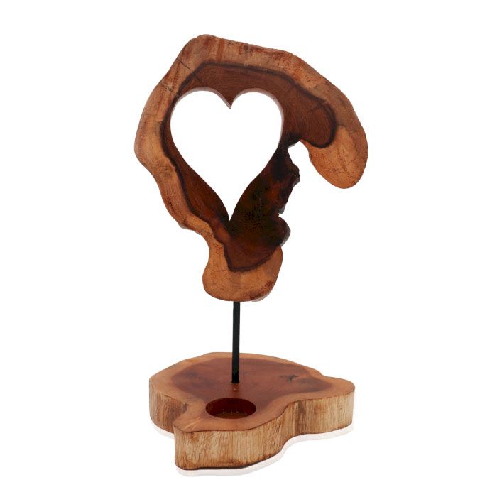 Handmade wooden candle holder featuring a simple carved heart shape in a natural brown-toned finish.