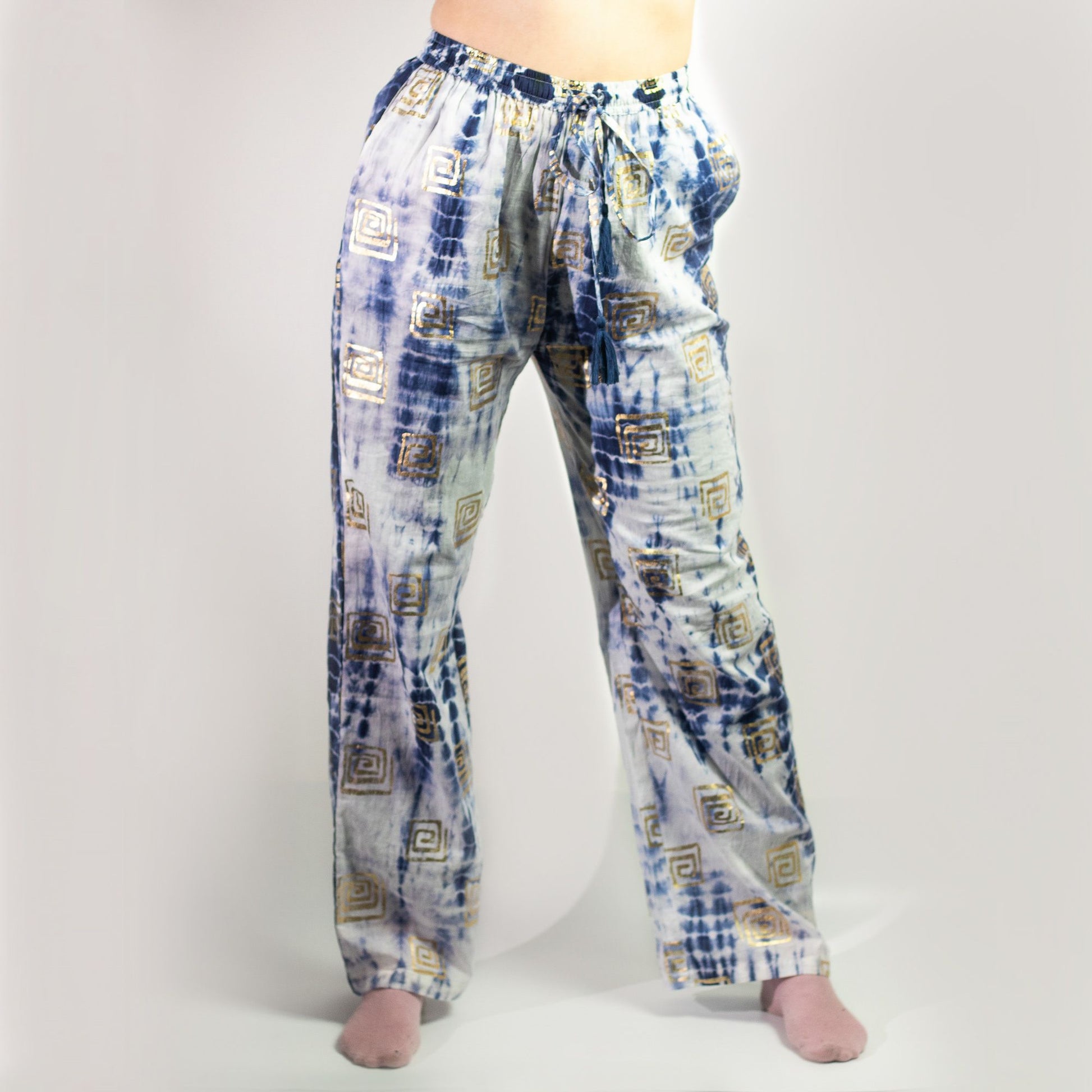 (LXL) Nomad Sari On the Med Collection - Lounge Pants - Gold & Blue Greek Motiff - Handpainted