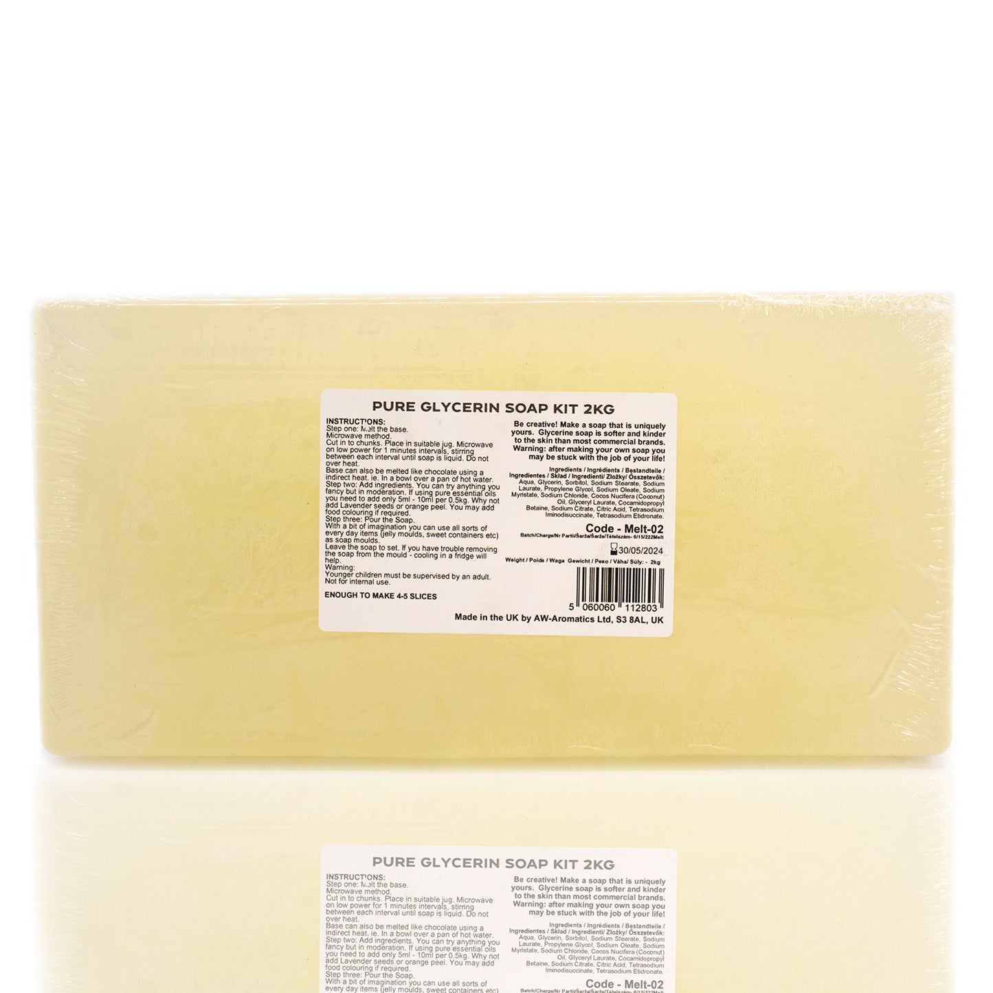 Large block of clear melt and pour soap base for DIY craft projects.