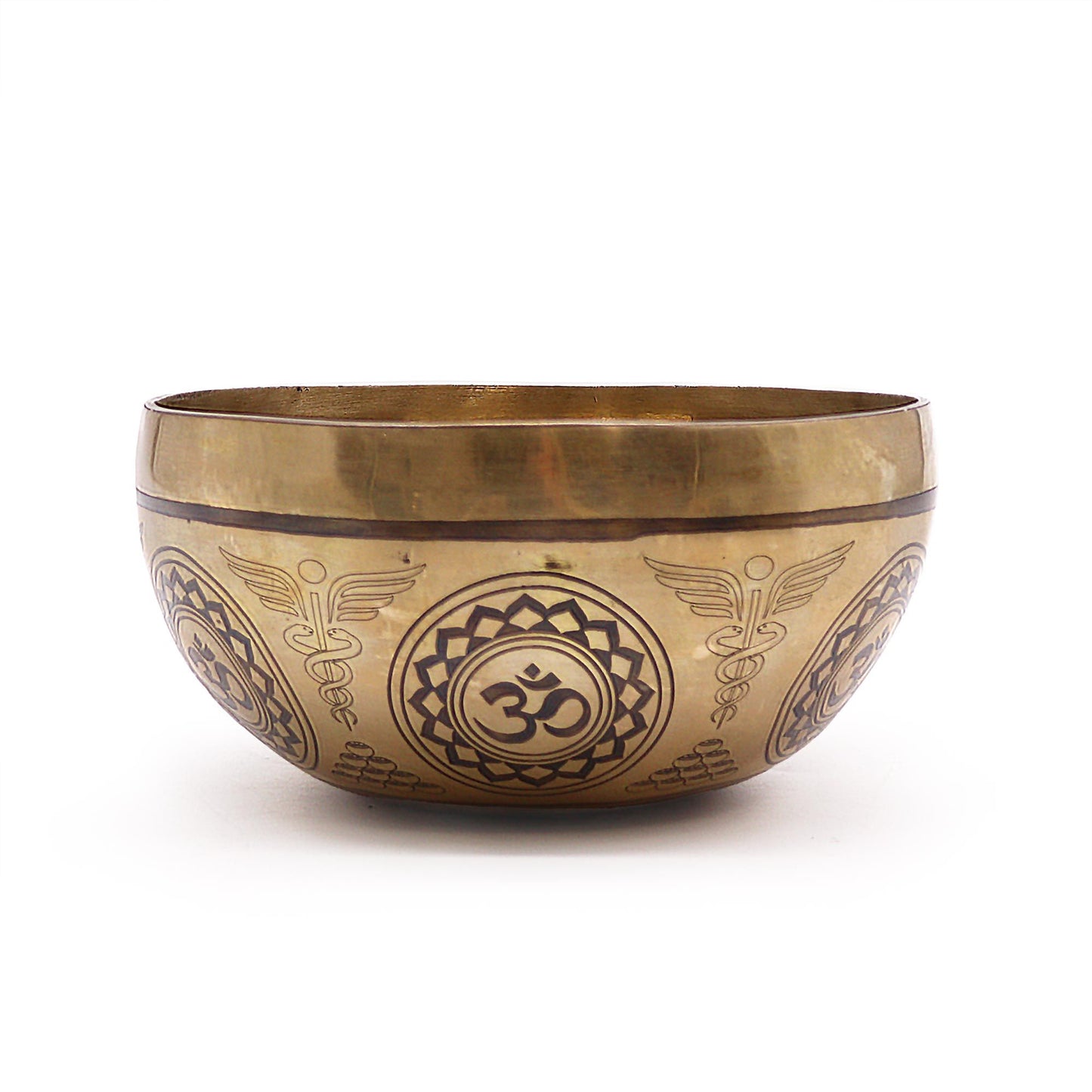 Handcrafted 16cm Tibetan singing bowl with intricate 7 Chakra engravings and a traditional brass finish.
