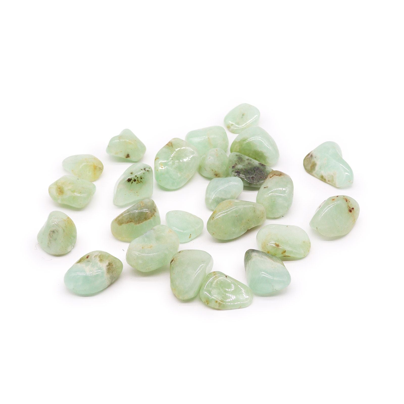 Large polished light green prehnite tumble stone with a smooth, bright finish.