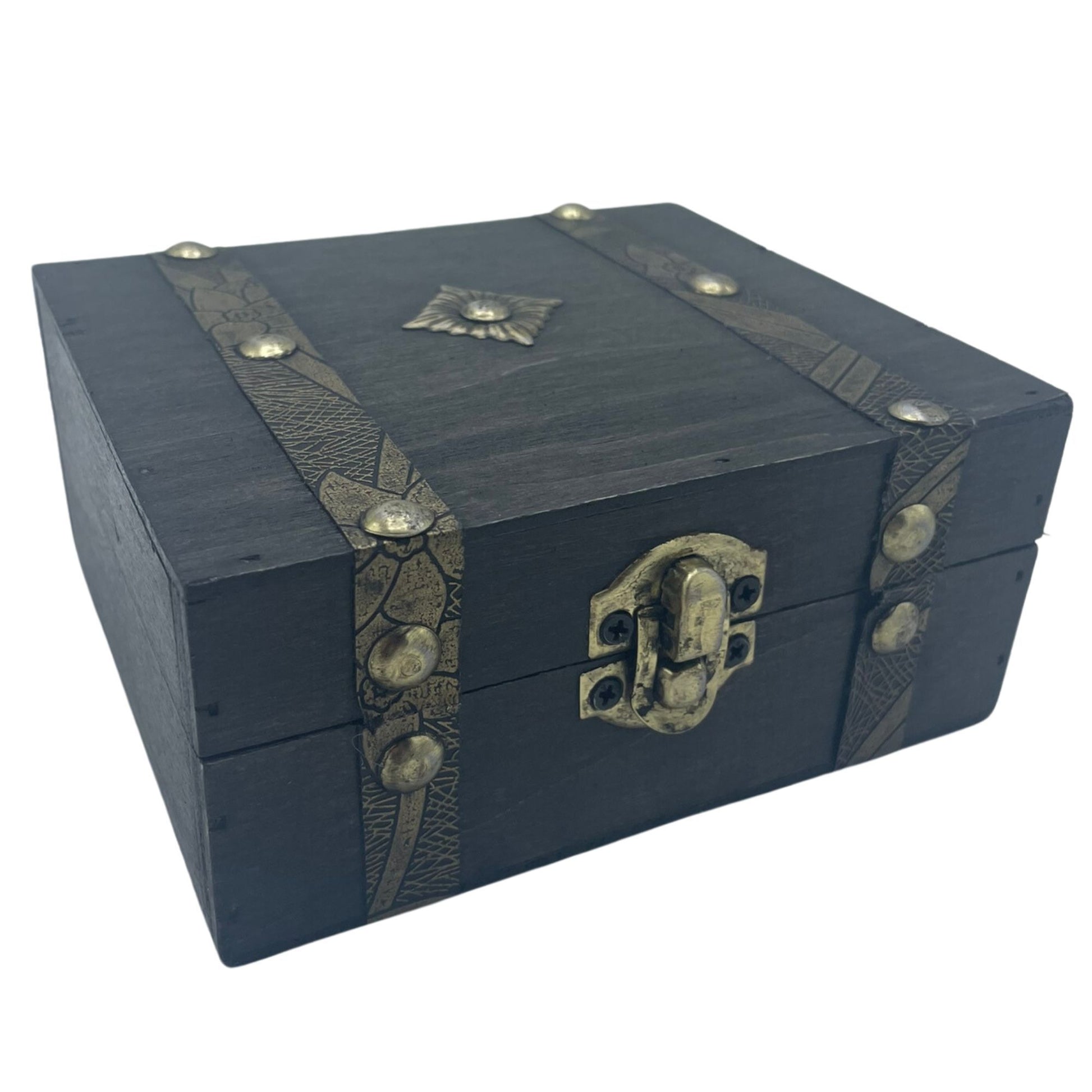 Square grey wooden tea chest with a vintage finish and multiple compartments for tea bags.