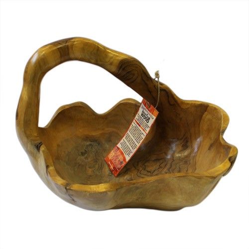 Unique hand-carved teak root bowl with a natural back handle and rustic, abstract wooden texture.