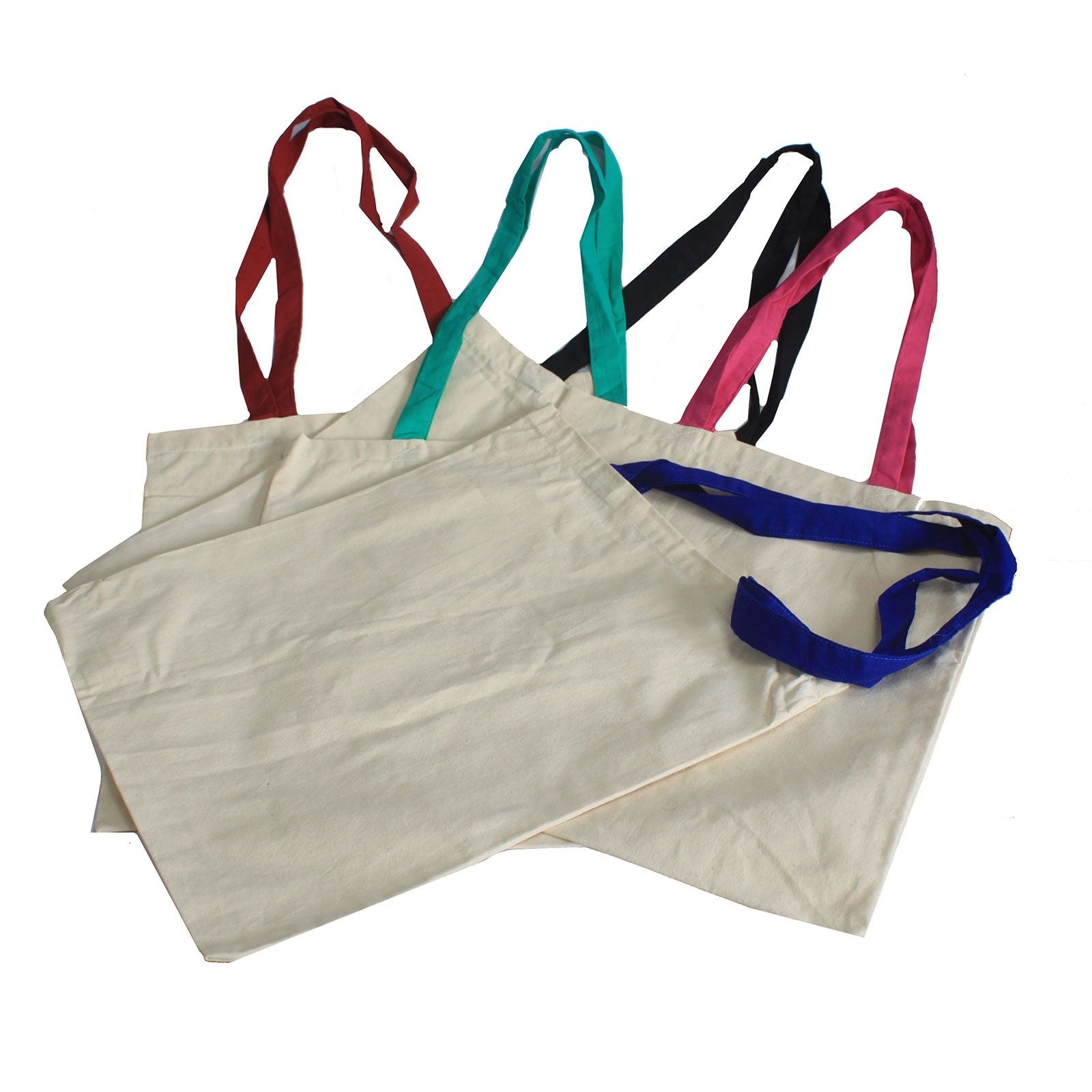 Plain cream cotton tote bag with vibrant multi-coloured long shoulder handles shown against a neutral background.
