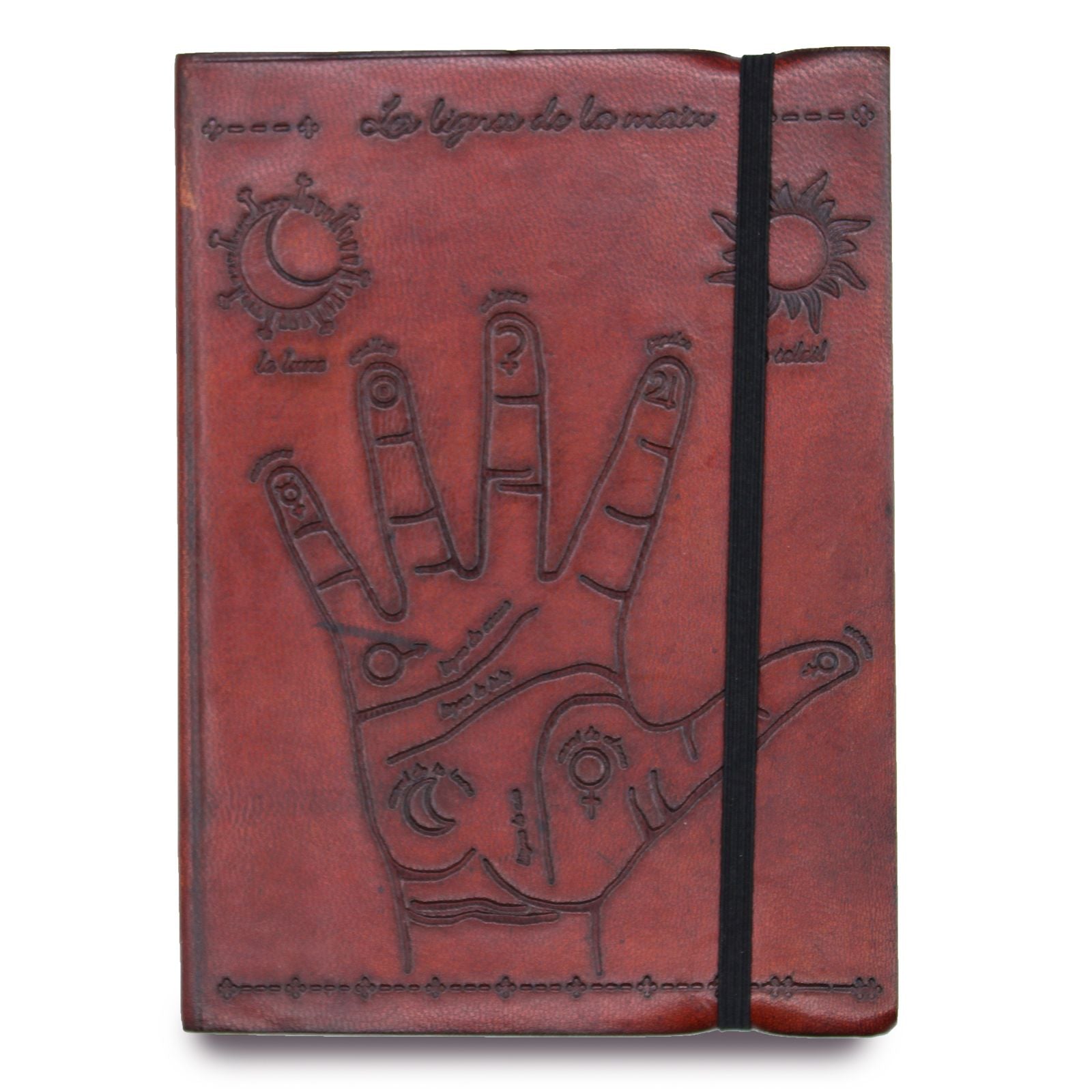 Small black vegetable leather notebook featuring an embossed gold palmistry hand design and a secure elastic strap.