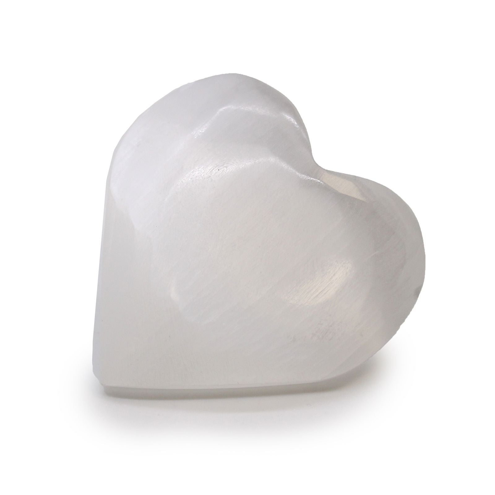 Smooth polished white selenite crystal carved into a heart shape showing its natural fibrous shimmer.