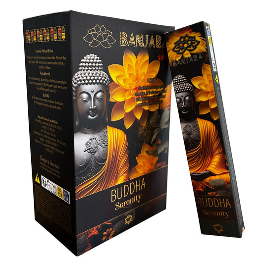 Handcrafted incense sticks in a decorative blue box featuring a serene Buddha illustration and floral motifs.