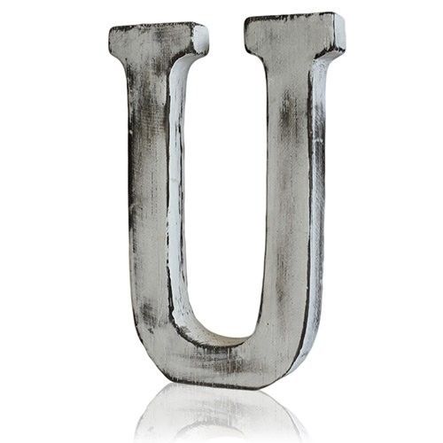 Handmade white-wash mango wood alphabet letter U with a rustic shabby chic finish.