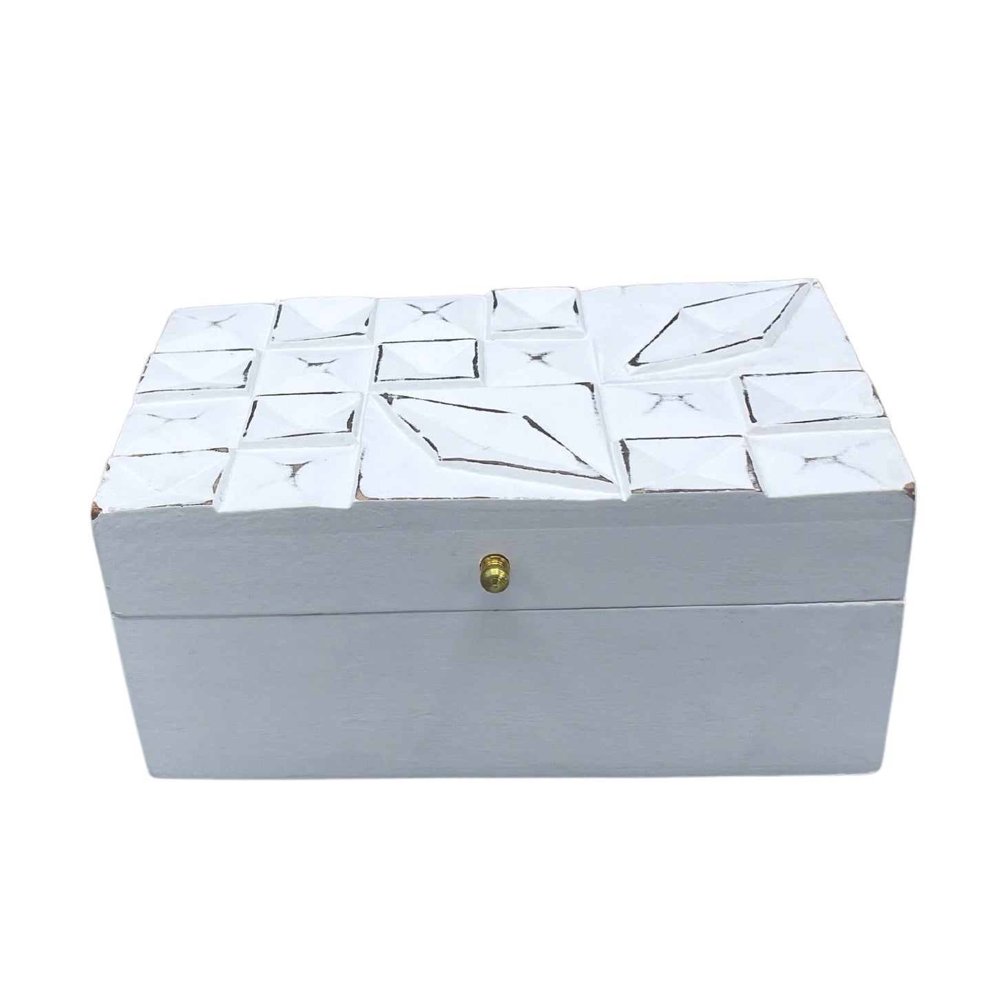 White rectangular wooden box with an intricate geometric diamond pattern on the lid and a vintage finish.