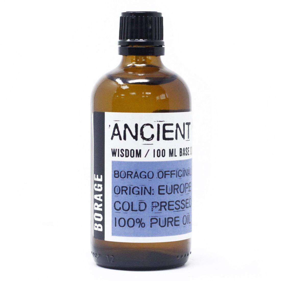 Clear 100ml glass bottle of golden borage carrier oil with a simple white label and black screw cap.