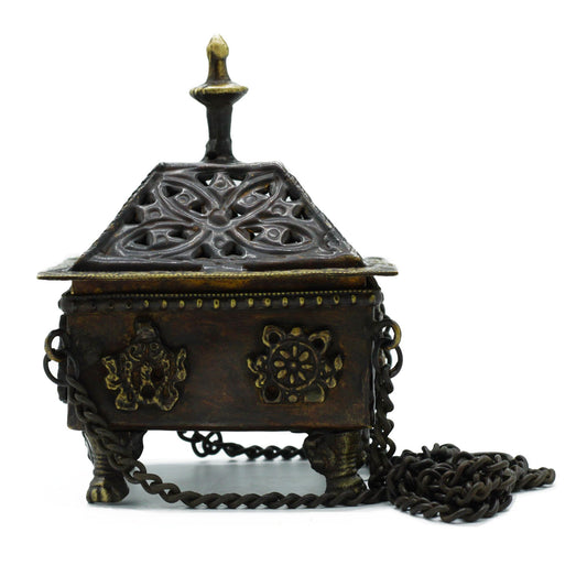 Handcrafted square brass hanging incense burner featuring engraved Tibetan Eight Auspicious Symbols.