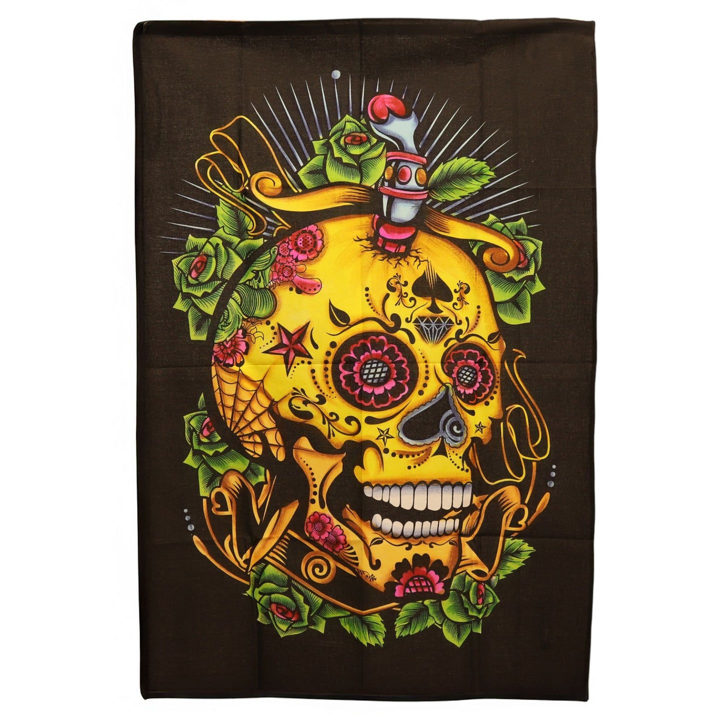 Vibrant and colourful Day of the Dead skull design on a large black cotton wall hanging.