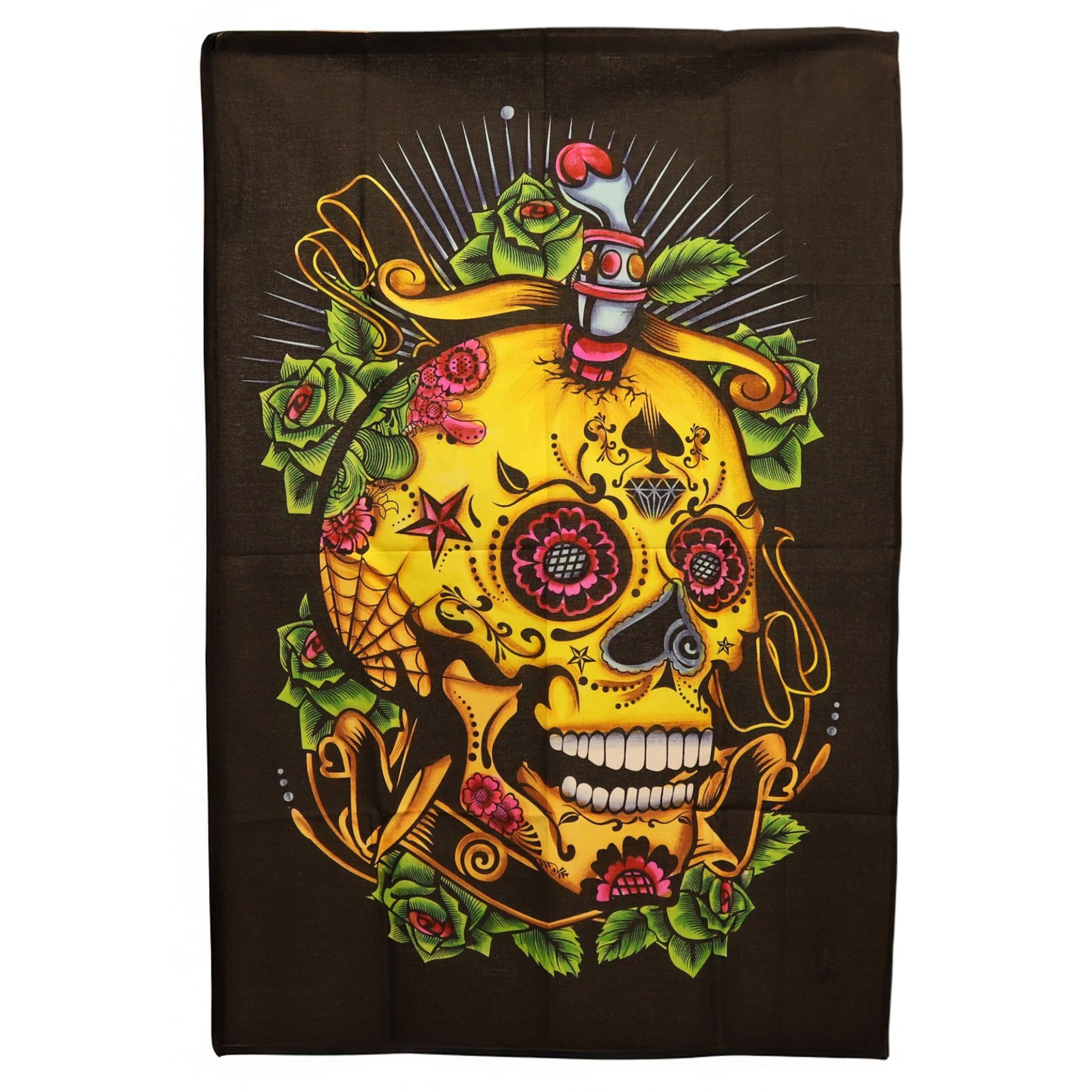 Vibrant and colourful Day of the Dead skull design on a large black cotton wall hanging.
