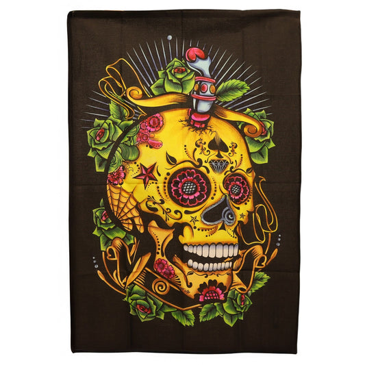 Vibrant and colourful Day of the Dead skull design on a large black cotton wall hanging.