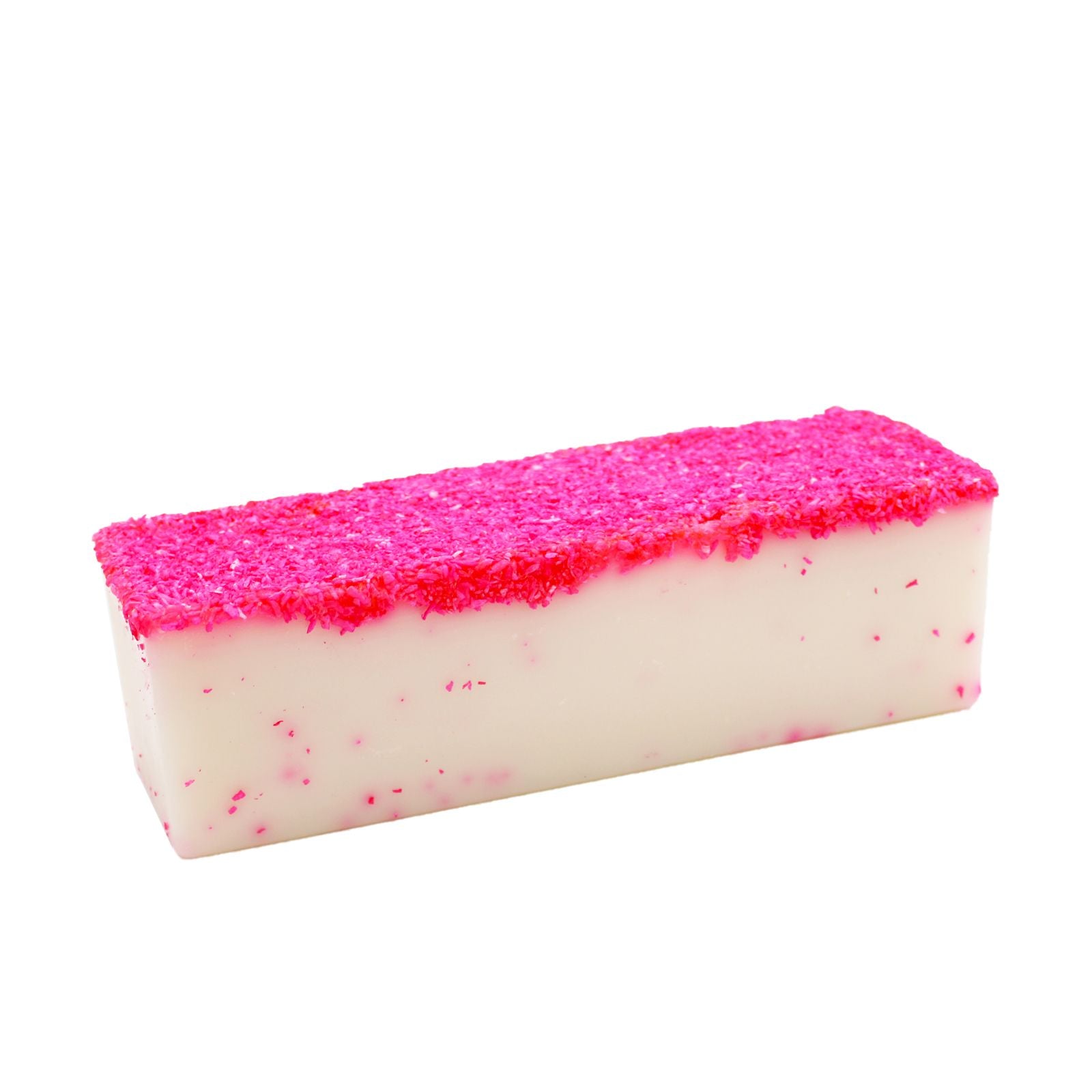 Hand-crafted soap loaf with a creamy white texture topped with dried coconut flakes.