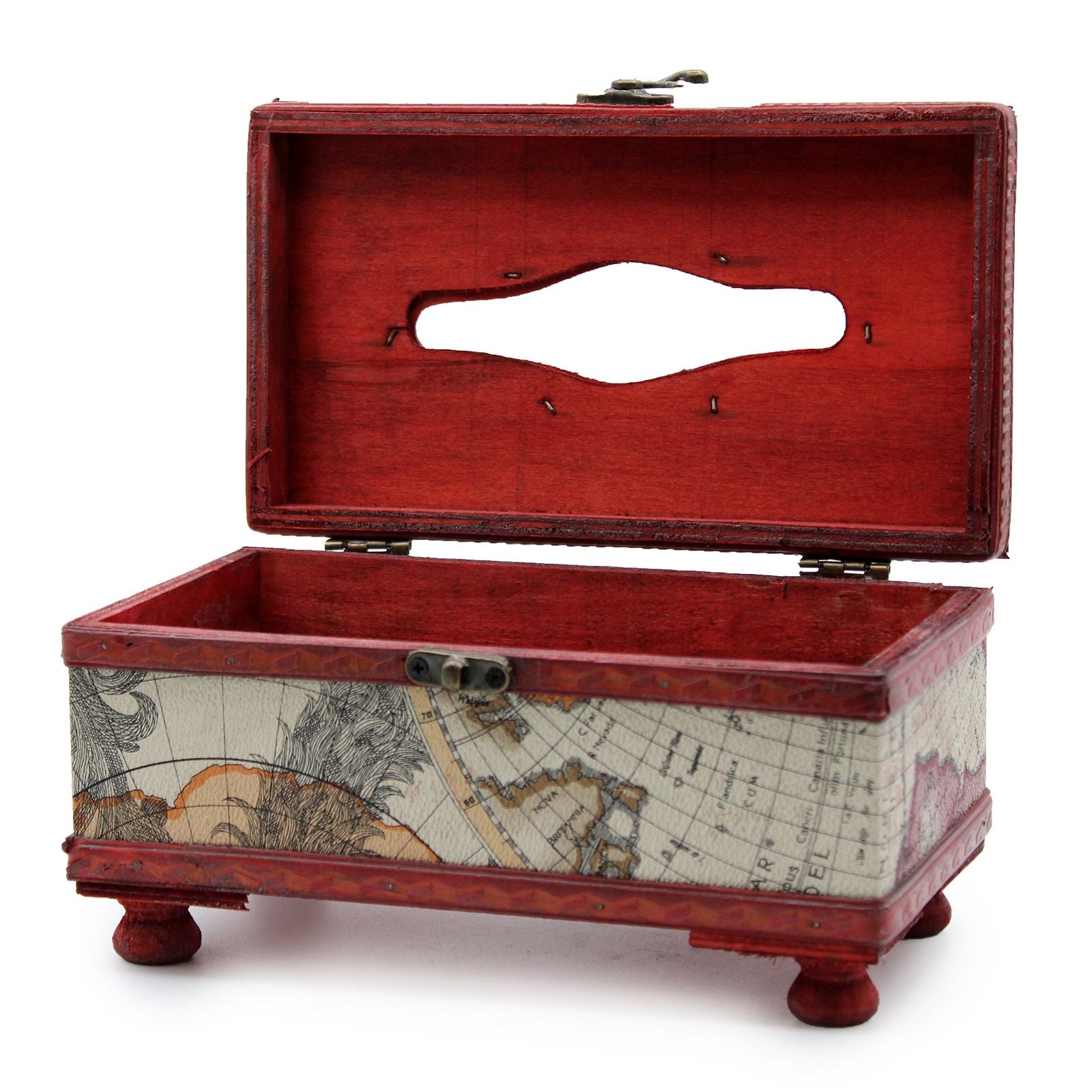 Vintage-style wooden tissue box featuring an old world map design, brass fittings, and decorative curved legs.