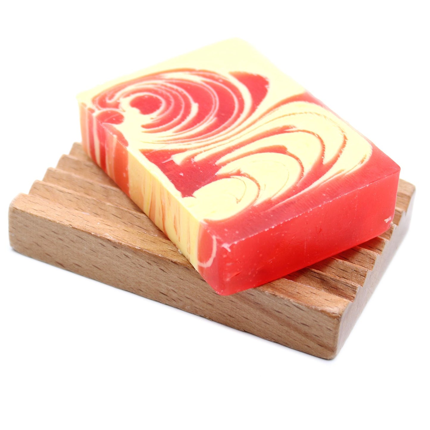 A textured 100g slice of handcrafted strawberry soap with a vibrant pink and white marbled design.