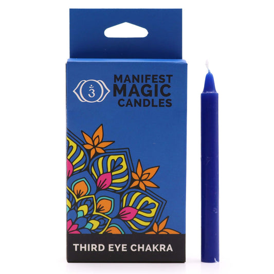 Pack of twelve slender indigo candles designed for Third Eye Chakra meditation and manifestation rituals.