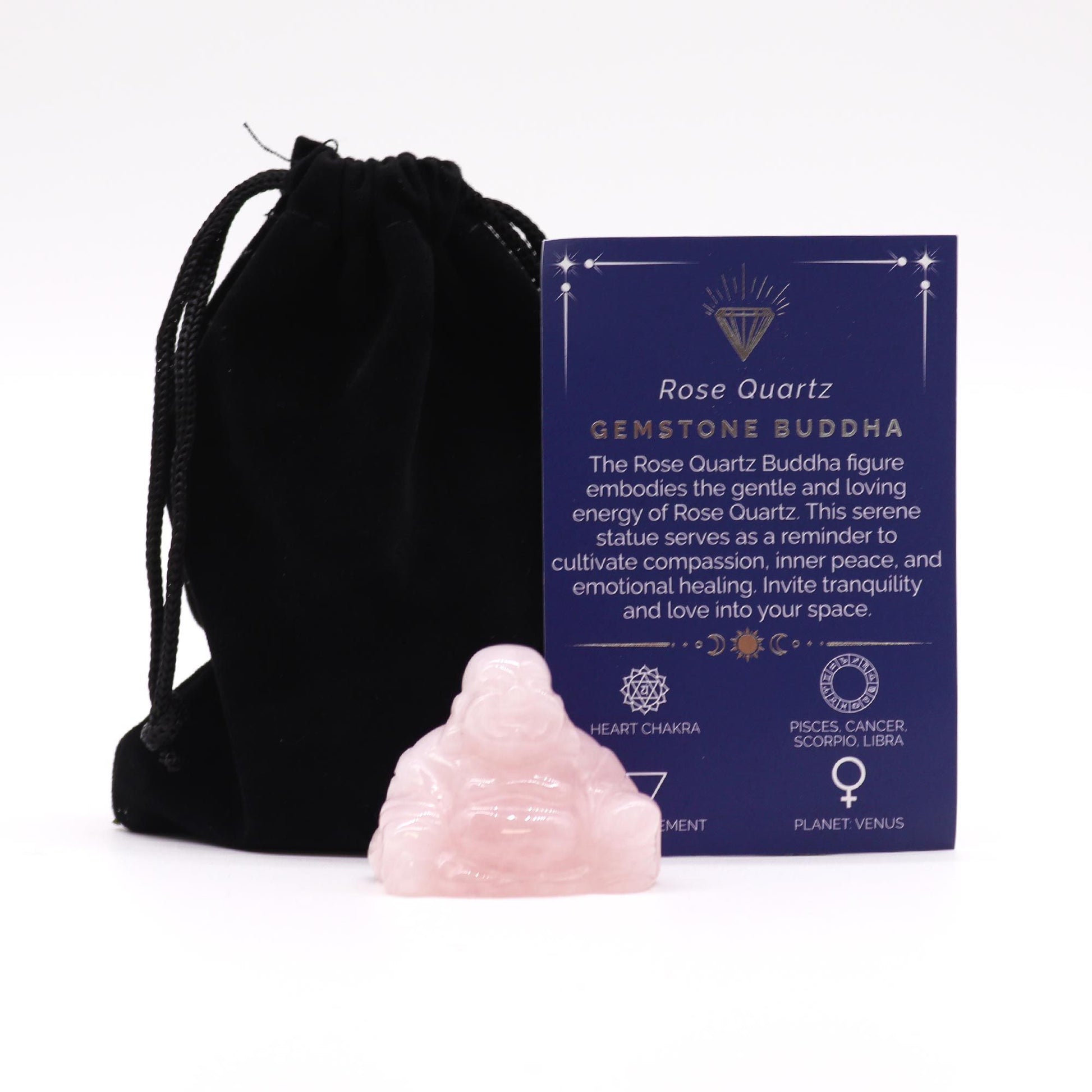 A small, hand-carved pink rose quartz Buddha figurine in a peaceful sitting pose.