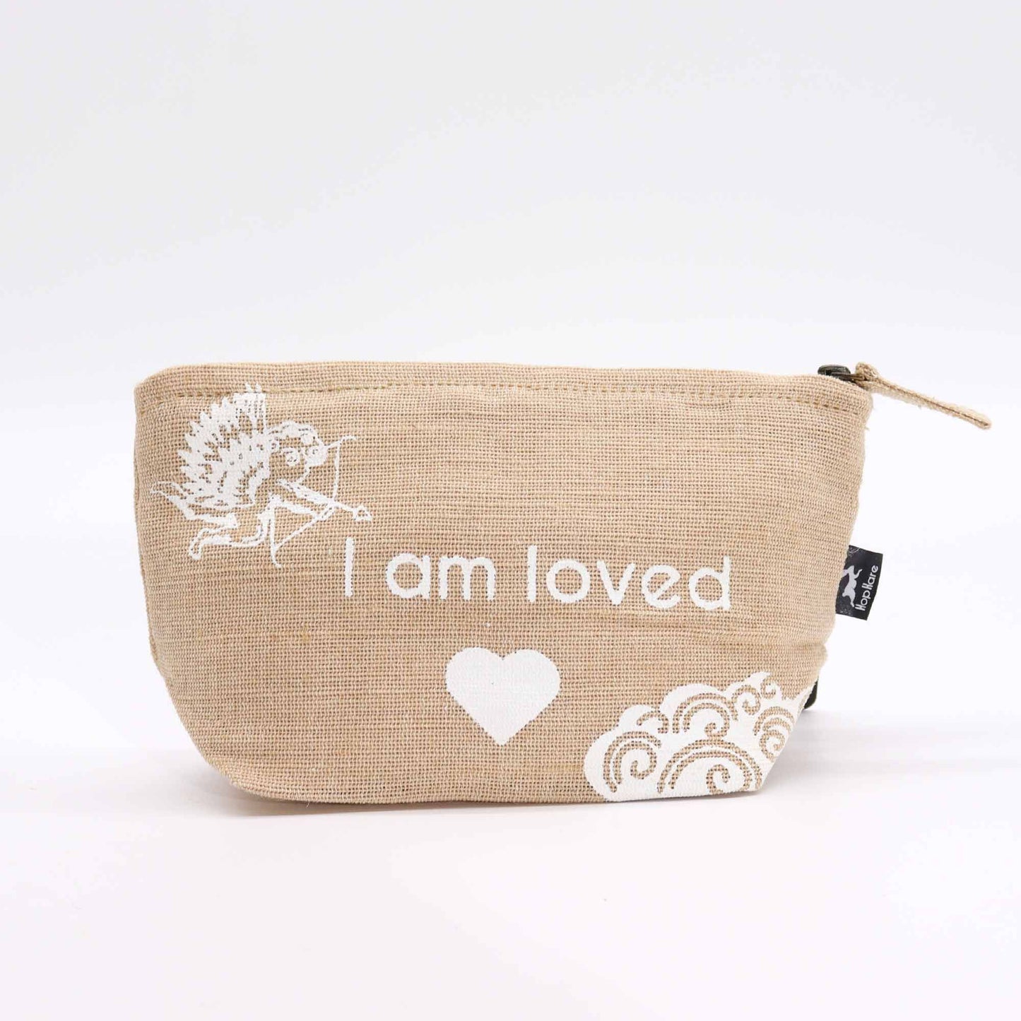 Small natural jute drawstring pouch featuring the text I am Loved in a stylish font.