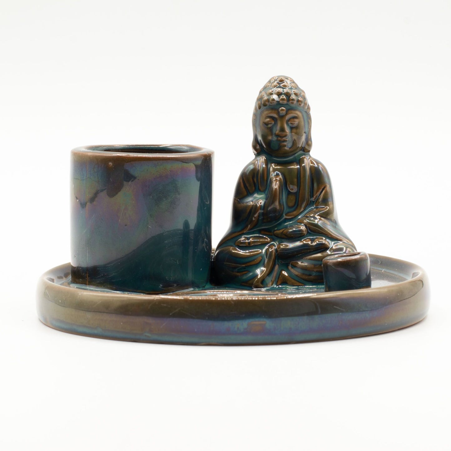 Blue ceramic incense plate featuring a peaceful seated Buddha figure with a rich flowing glaze finish.