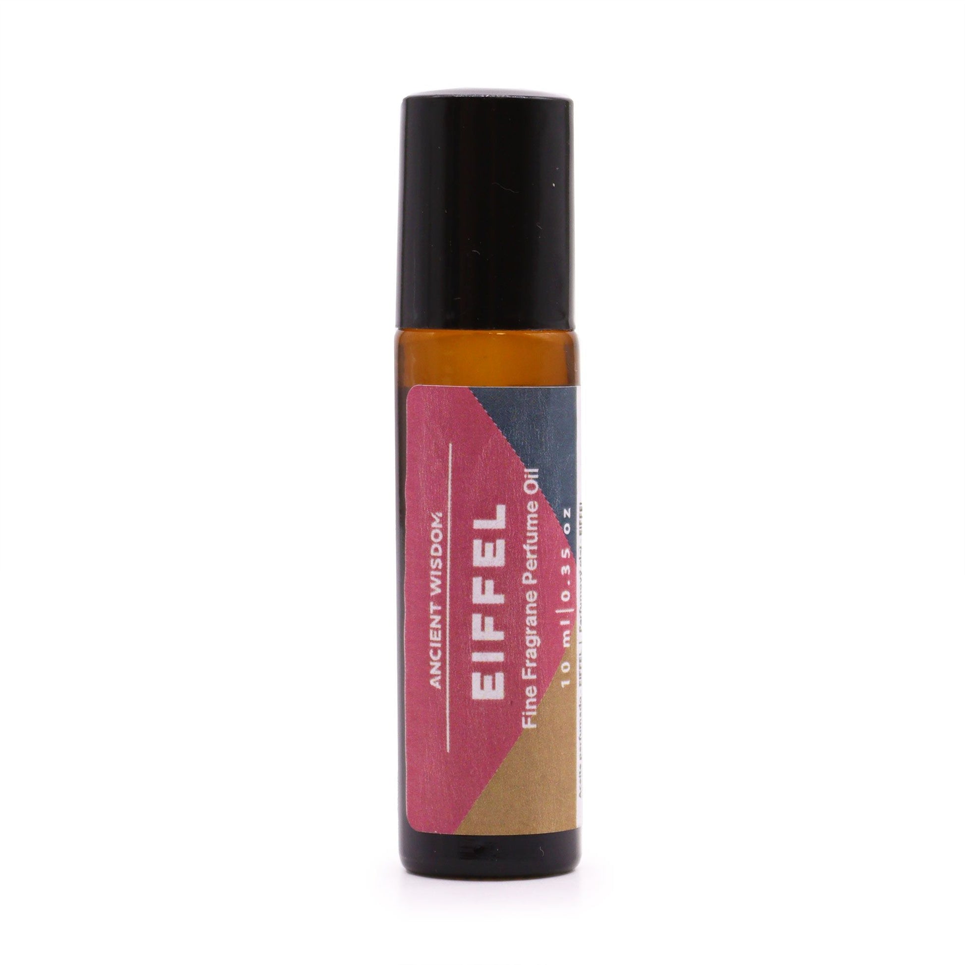 Small clear glass roll-on bottle containing golden perfume oil with a black cap on a neutral background.