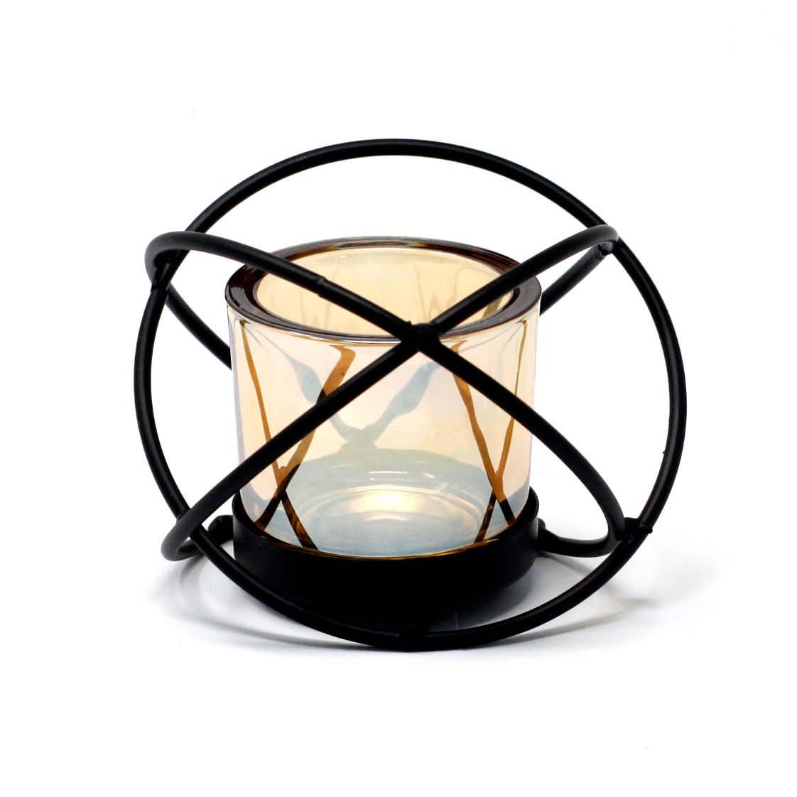 Minimalist black iron votive candle holder with a single glass cup on a sleek geometric base.