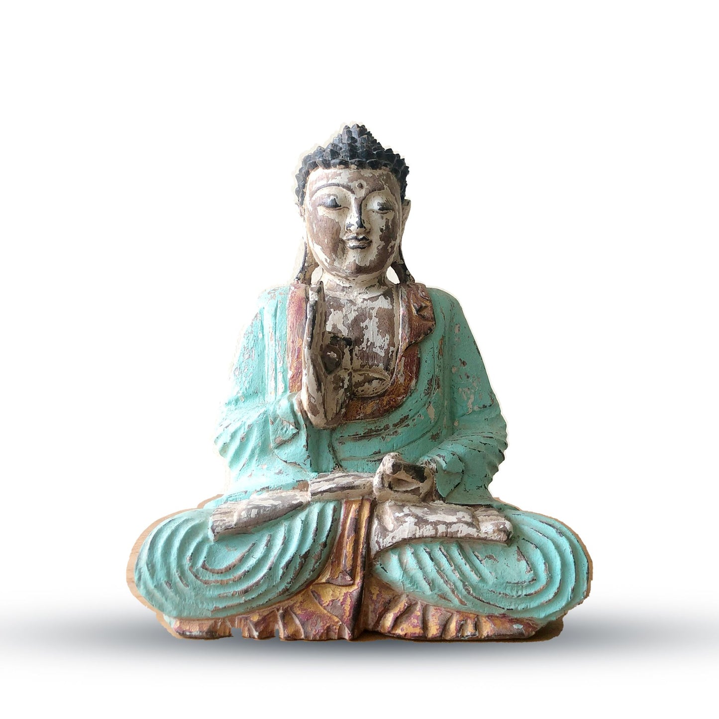 Hand carved 30cm vintage style Buddha statue in a serene mint green finish depicting the teaching transmission gesture.