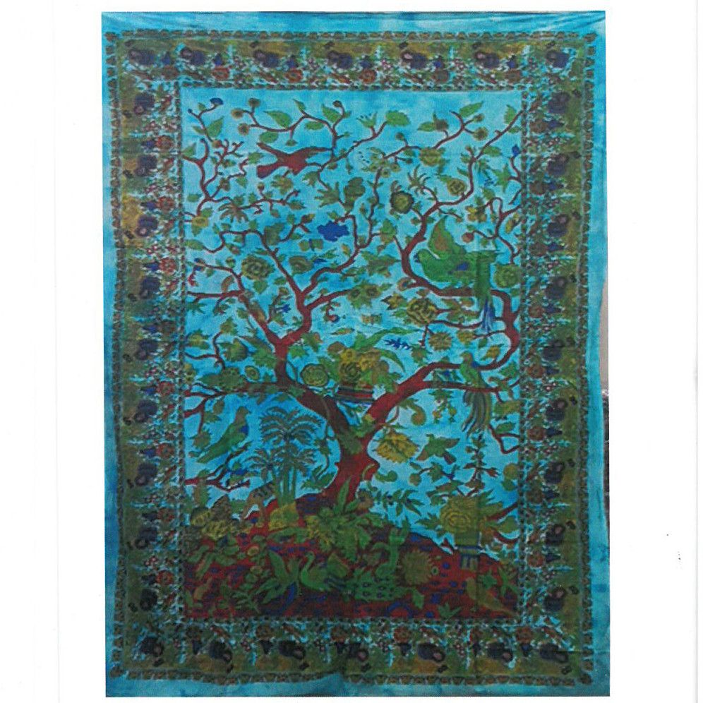 Classic black and white cotton wall hanging featuring a detailed Tree of Life design with intricate branches and leaves.