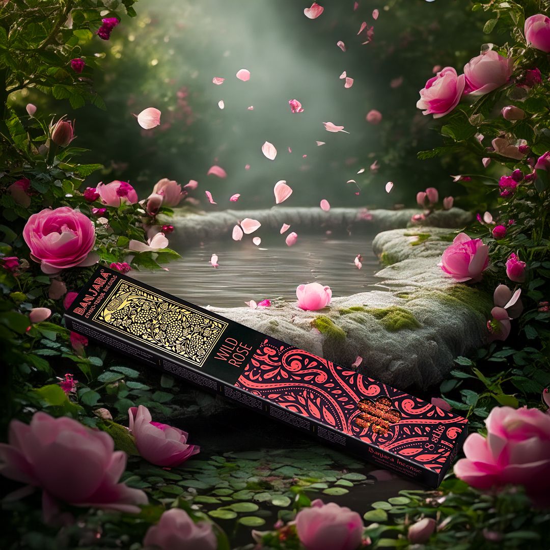 Extra long smudge incense sticks with a delicate floral wild rose fragrance in a decorative pack.