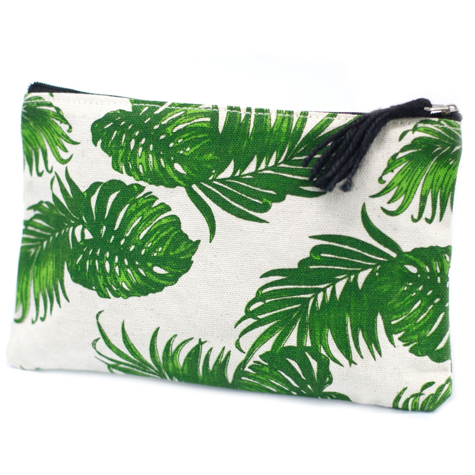 Classic zip pouch featuring a vibrant tropical jungle print with lush green leaves on a durable fabric.