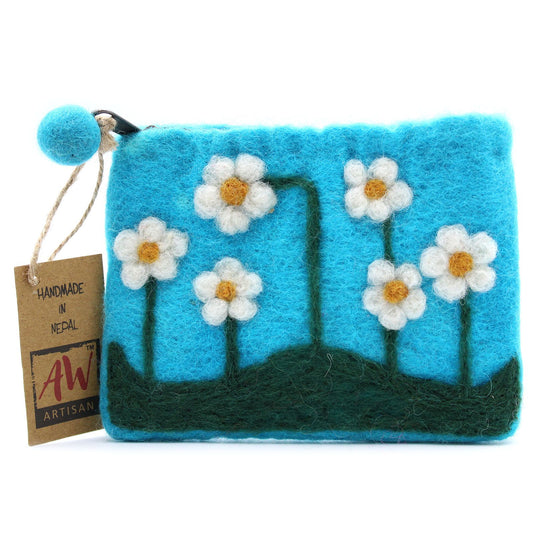 Handmade natural felt pouch with colourful embroidered flower garden designs and a secure zip closure.
