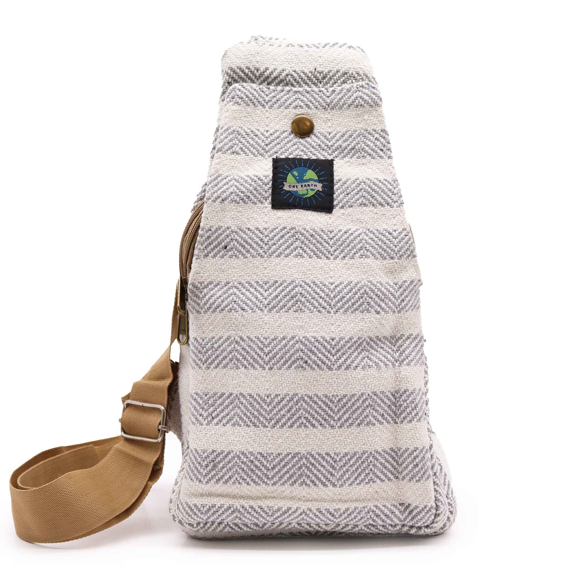 Minimalist natural cotton cross-body bag featuring a timeless grey and white pattern with a comfortable shoulder strap.