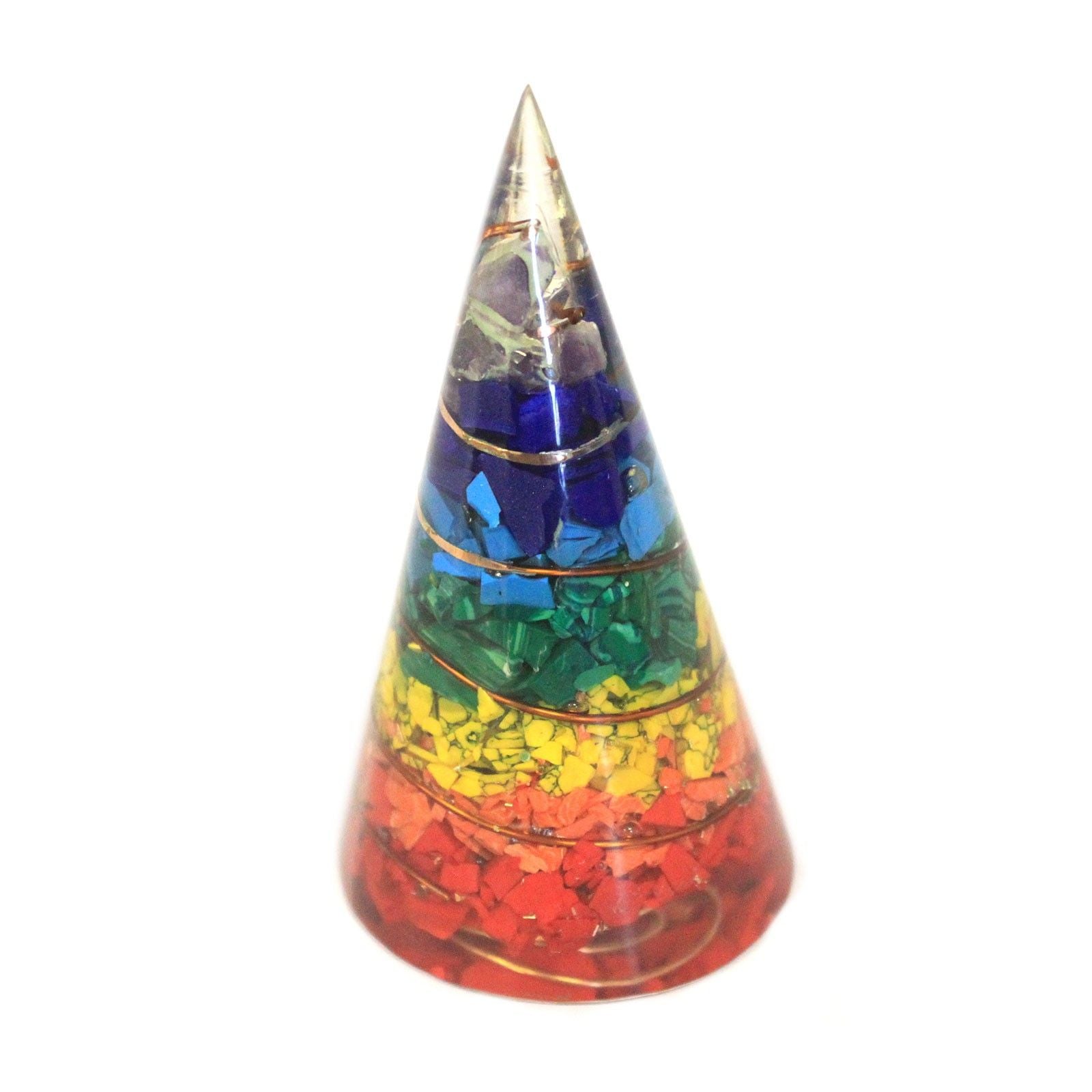 Large 80mm orgonite cone featuring various colourful gemstone chips and metal shavings suspended in clear resin.
