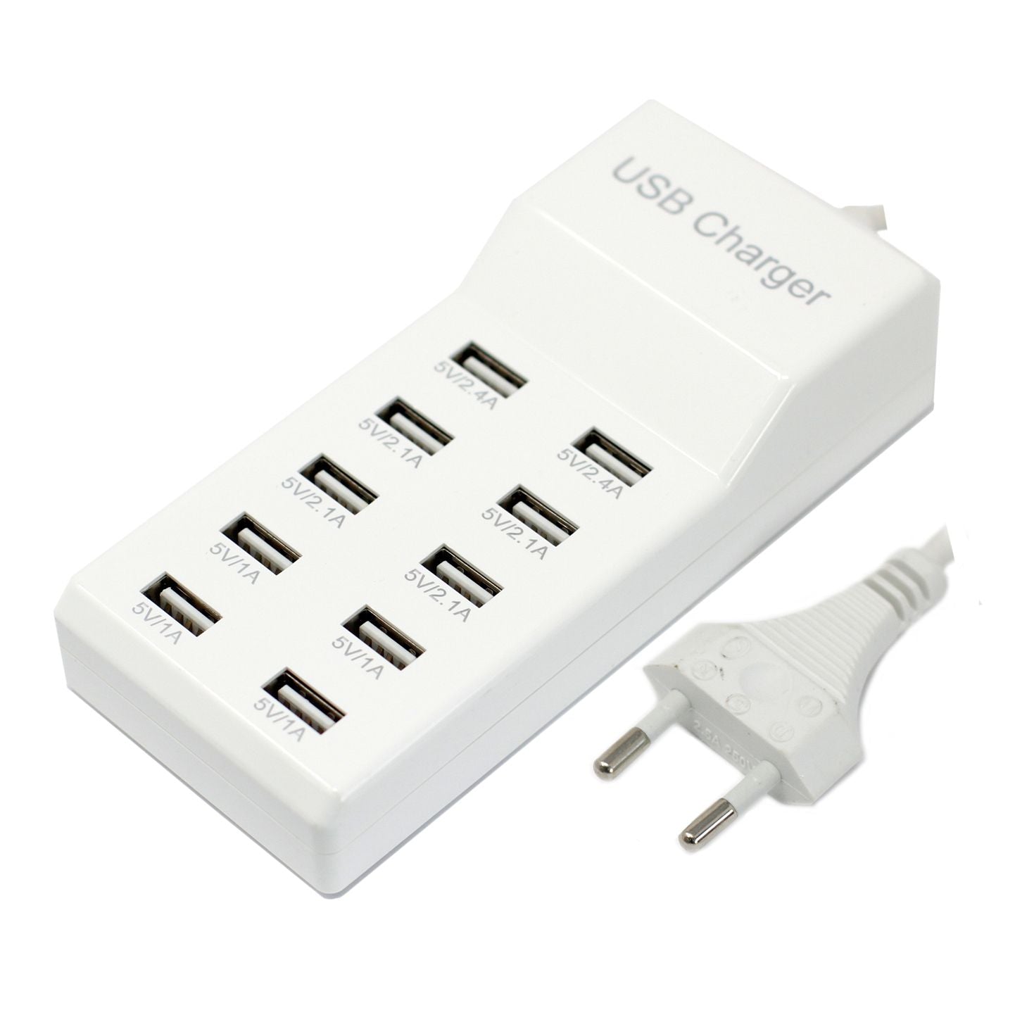 Compact multi-port USB charging station with ten ports for charging multiple electronic devices simultaneously.
