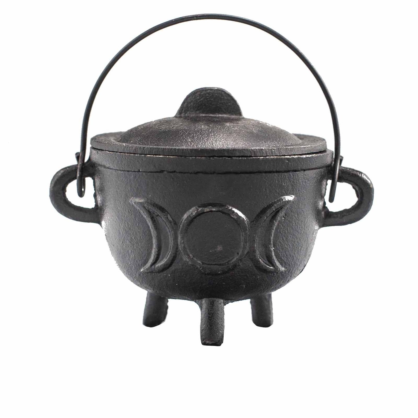 Small black cast iron ritual cauldron featuring an embossed Triple Moon symbol on three sturdy legs.