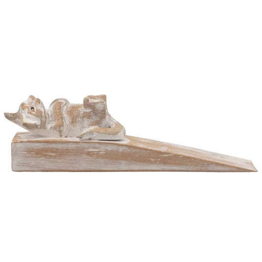 Detailed hand-carved wooden doorstop in the shape of a sitting kitten, crafted from natural brown hardwood.