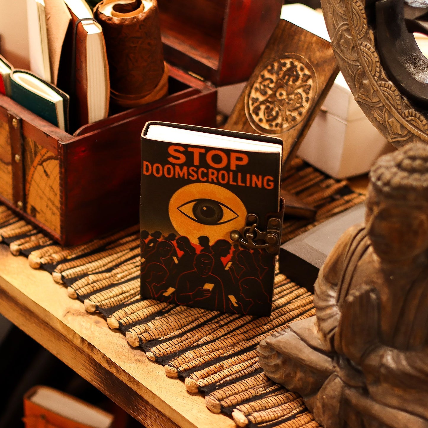 Handcrafted brown leather notebook with 'Stop Doomscrolling' embossed on the cover and an artistic circular design.