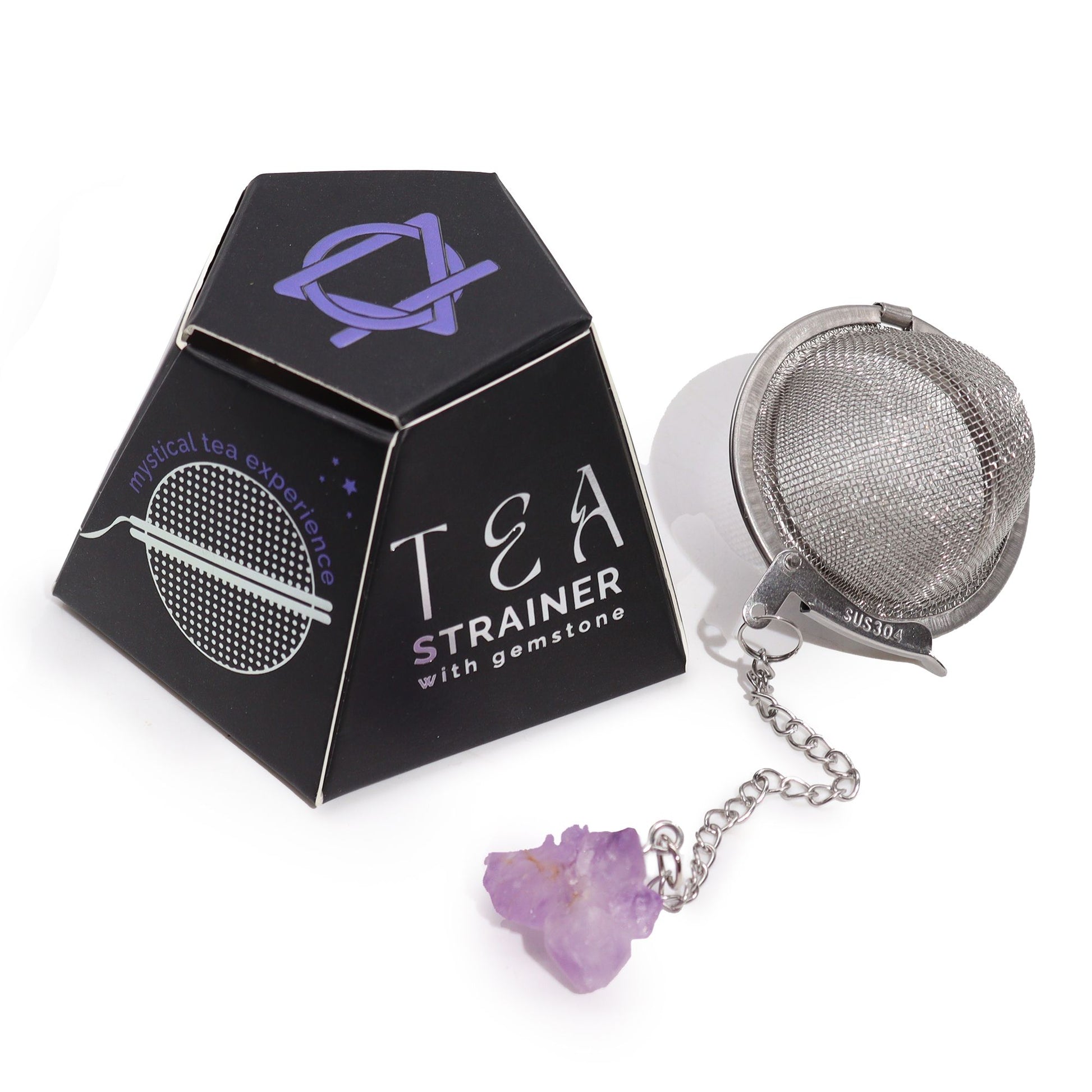 Silver-toned metal tea strainer featuring a beautiful raw purple amethyst crystal cluster on the handle.