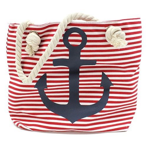 Nautical themed canvas tote bag with a blue anchor print and soft white cotton rope handles.