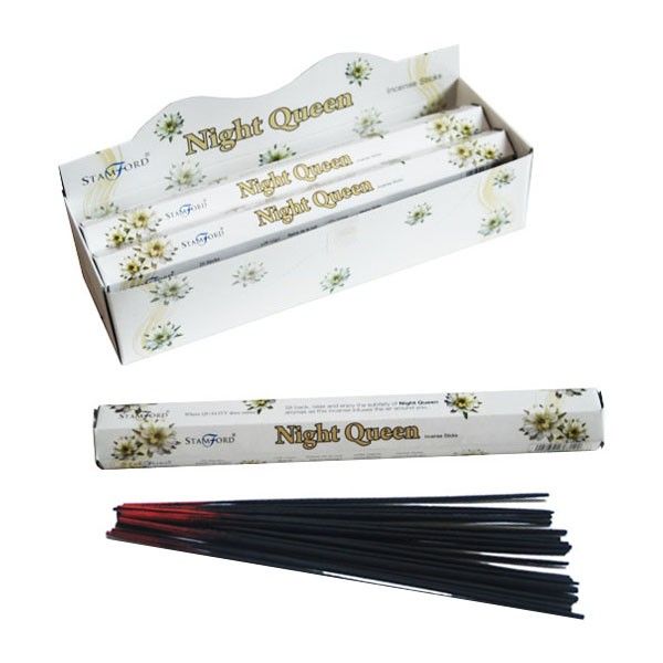 Pack of premium hexagonal incense sticks with a dark floral Night Queen design and mystical aesthetic.