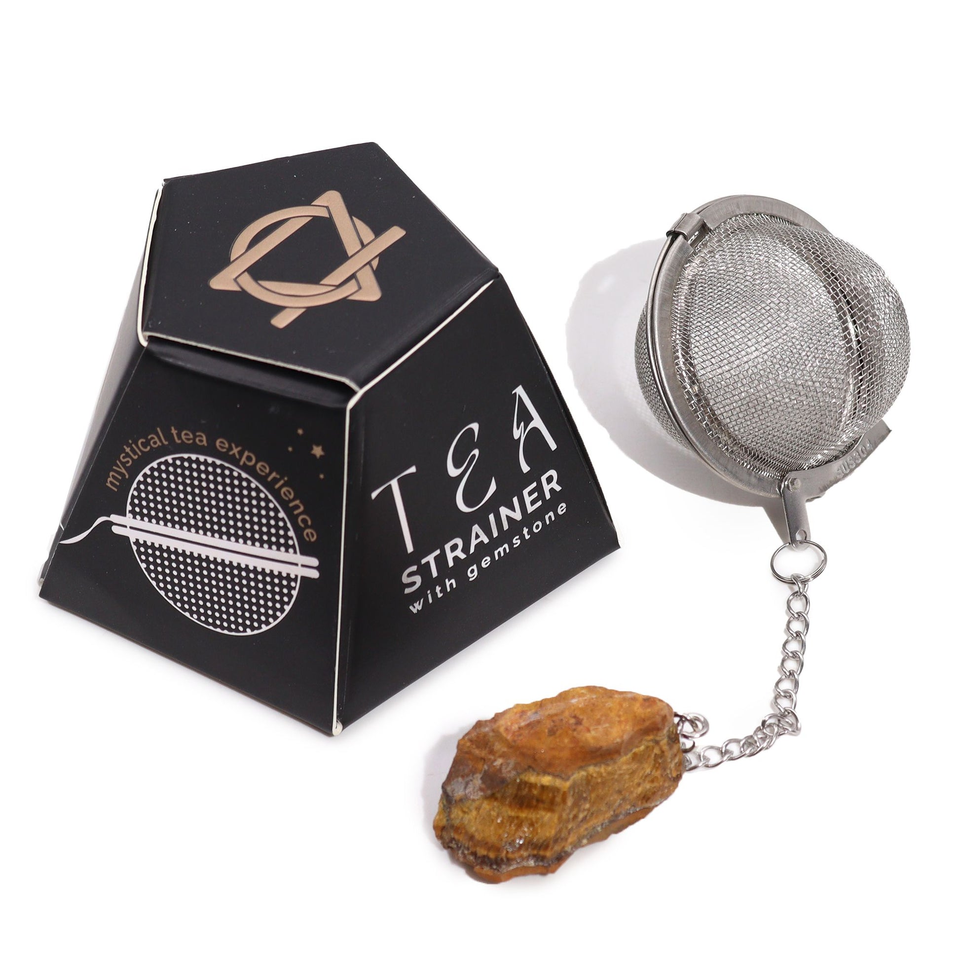 Elegant gold-toned metal tea strainer featuring a raw, natural Gold Tigers Eye gemstone on the handle.