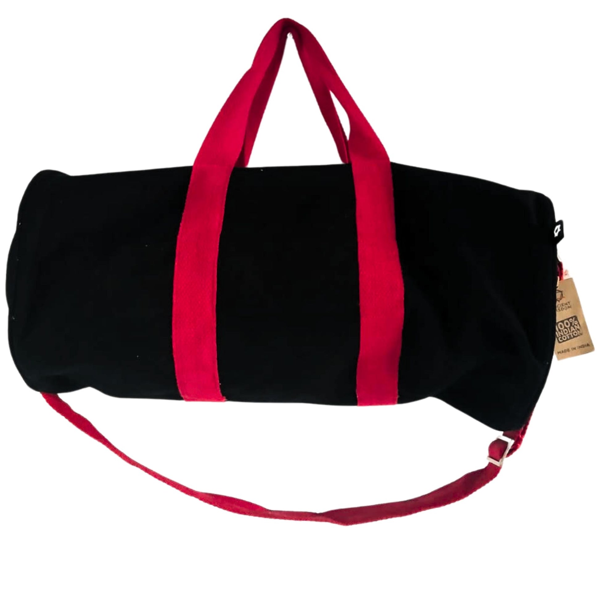 Sleek black gym bag with vibrant cherry pink carry handles and a motivational Don't Quit slogan.