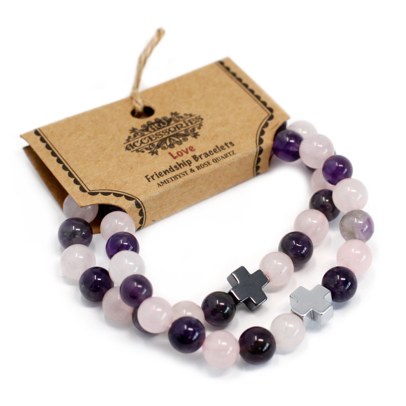 Two stretch gemstone friendship bracelets made with purple amethyst and pink rose quartz beads on a simple background.