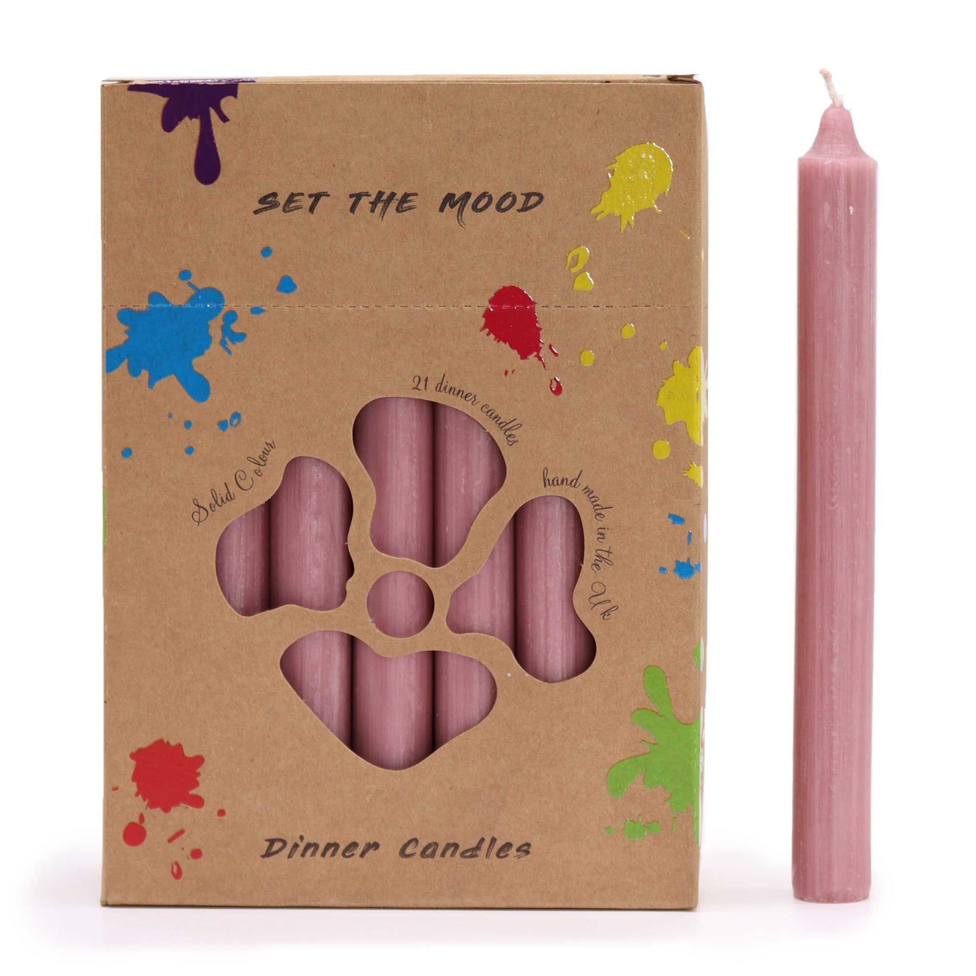 A set of twenty-one tall rustic dinner candles in a soft dusty pink colour.