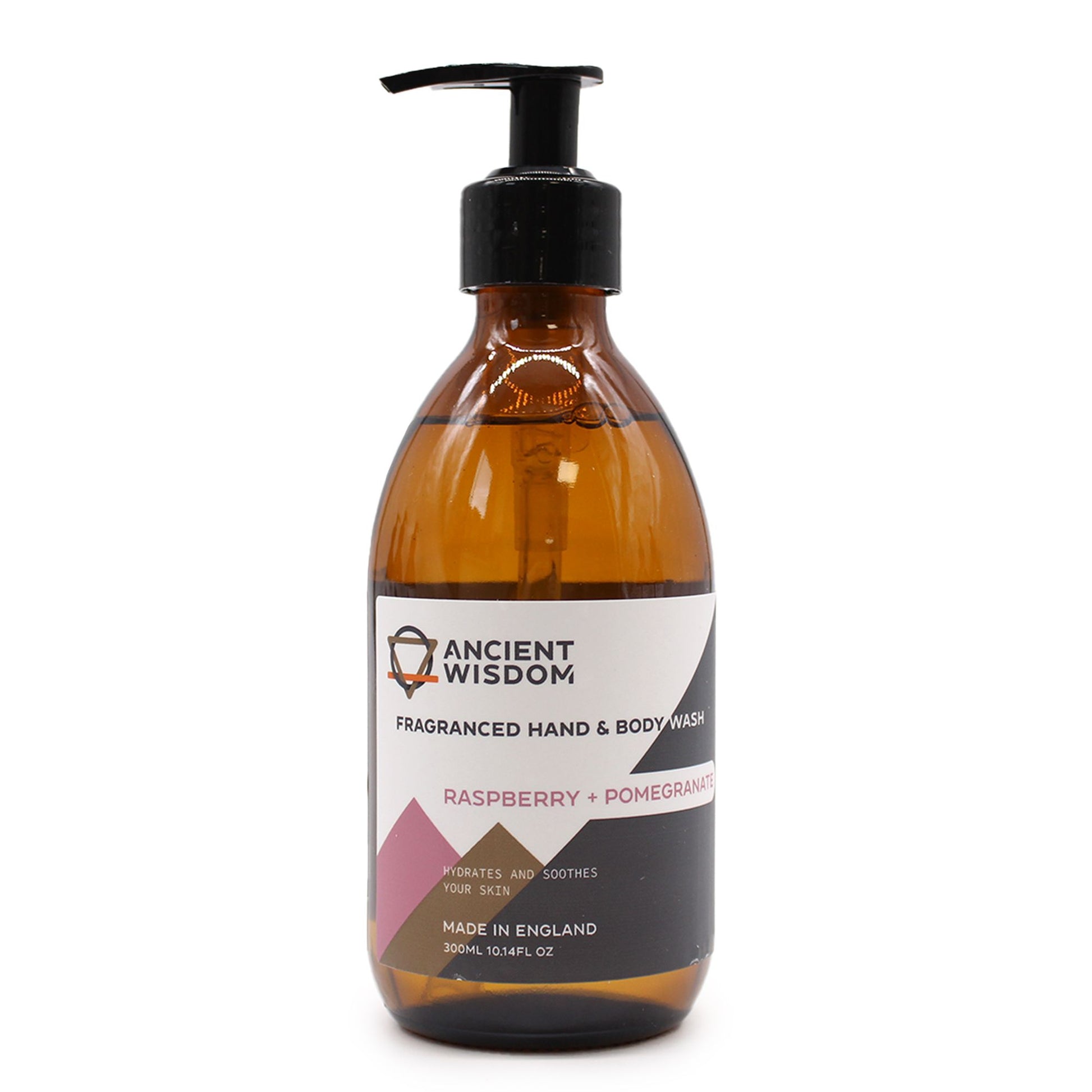Clear bottle of vibrant red raspberry and pomegranate fragranced liquid hand and body wash with a pump dispenser.